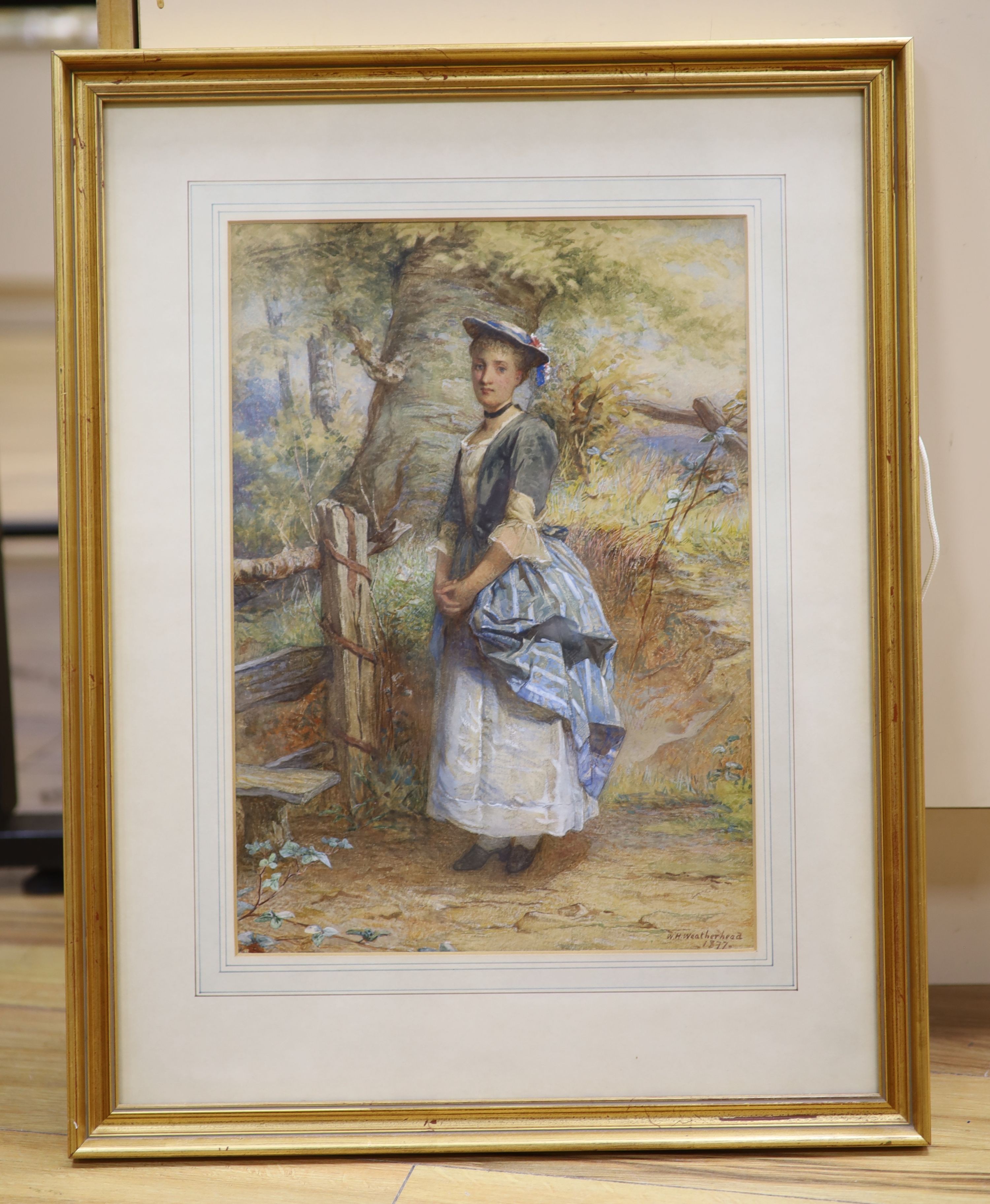 William Harris Weatherhead (1843-1903), watercolour, Young woman beside a stile, signed and dated 1877, 38 x 27cm